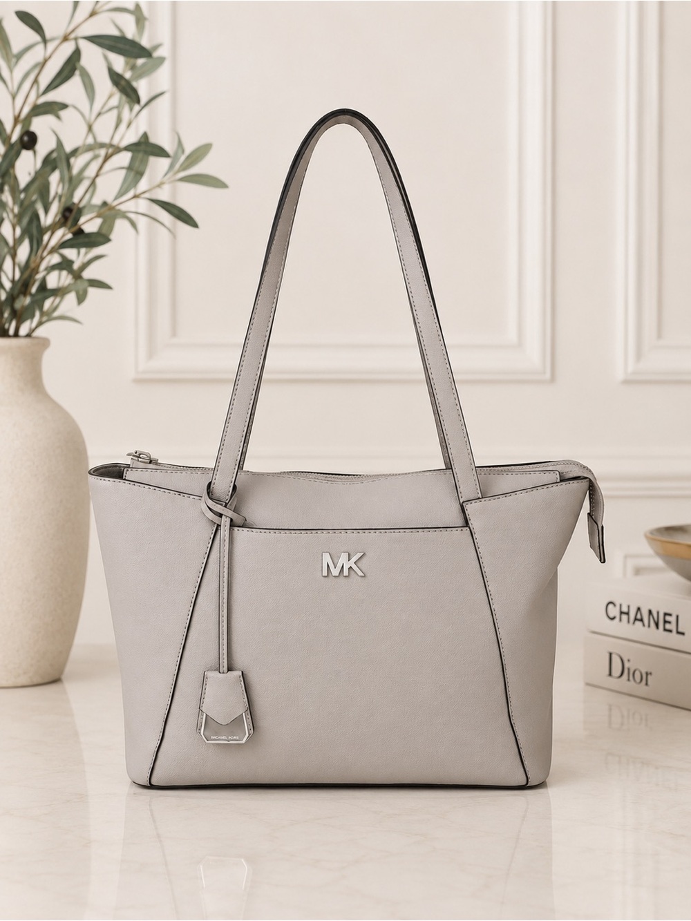 Michael Kors Gray Leather Large Zip Top Tote Shoulder Bag Work Laptop